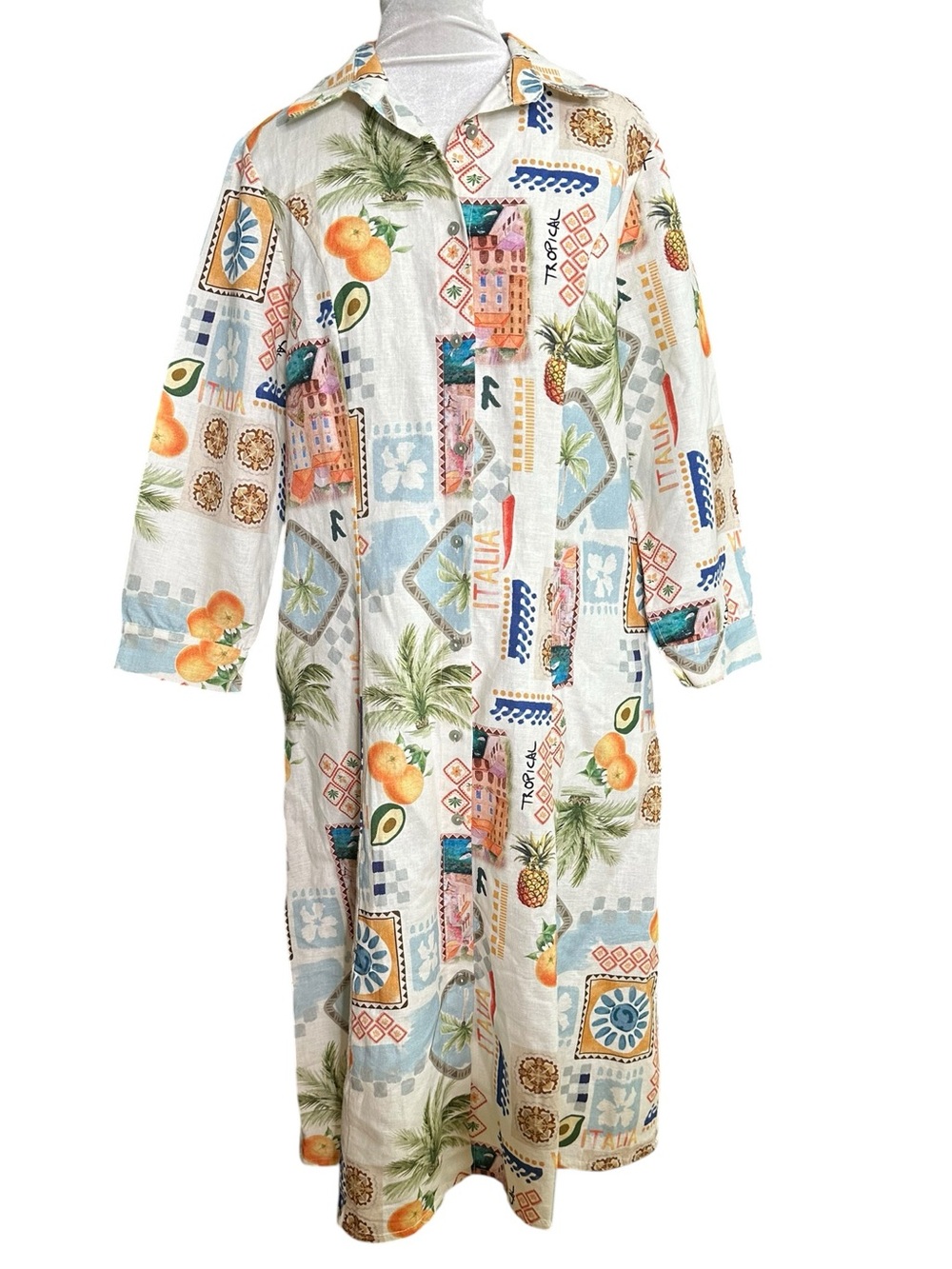 NWT SPIGHE DI LINO Multi Medium Made In Italy Linen Blend Sicily Print Dress